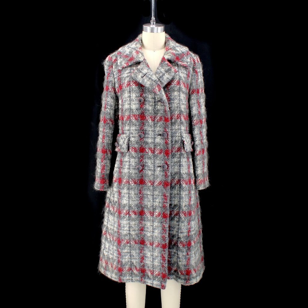 Vintage 50s 60s Lorendale Mohair Coat Plaid Tweed Boucle Double Breasted Long M